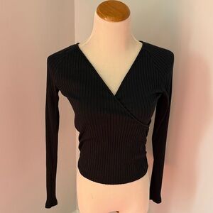 Universal Thread Black Ribbed Wrap-Front Long Sleeve Top